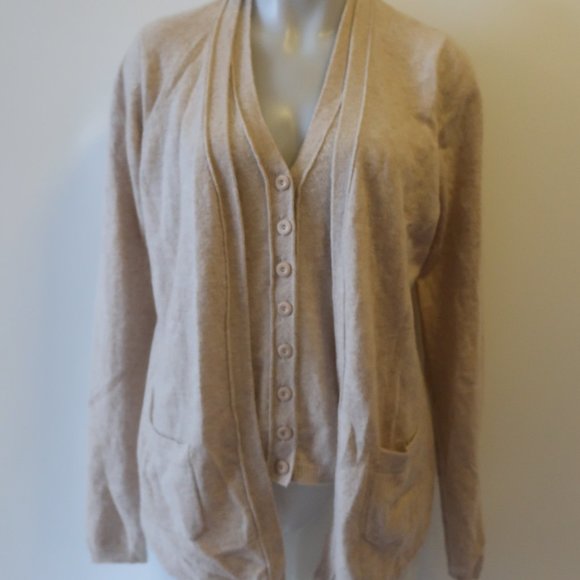 *Womens Sutton Cashmere Beige Cashmere V-Neck Faux Layered Cardigan Sweater L CO - Picture 5 of 13
